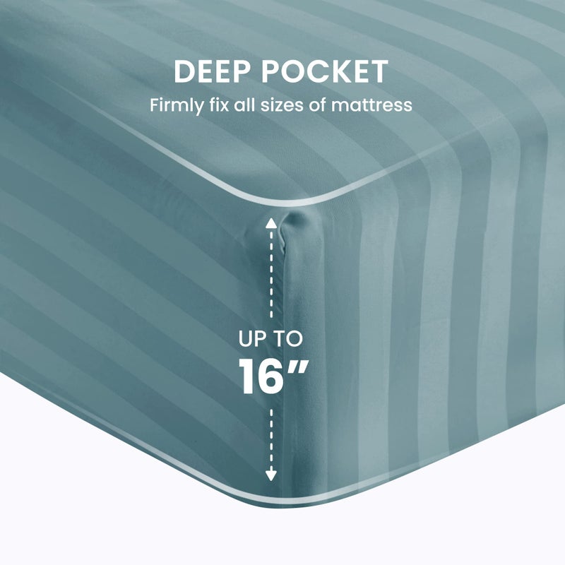 SLEEP ZONE Striped Cooling Sheets Set King Size - Fitted Flat Sheet & Pillowcase Sets 4 Piece - Super Soft Stripe Bed Sheet, Easy Care, Deep Pocket (Flint Blue, King) - Image 2